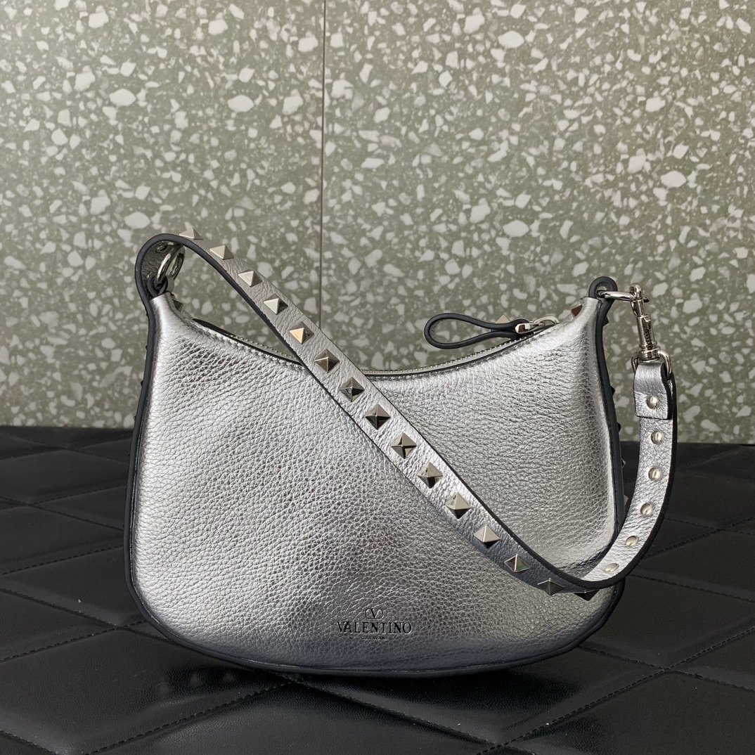 Valentino Garavani Rockstud Mini Hobo Bag in Silver Grainy Calfskin